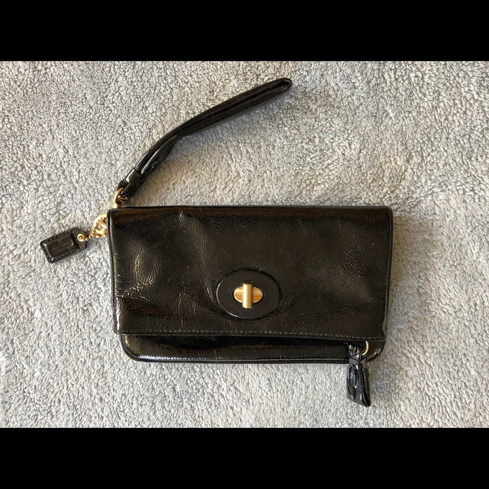 Coach Black Patterned Leather Fold-over Wristlet